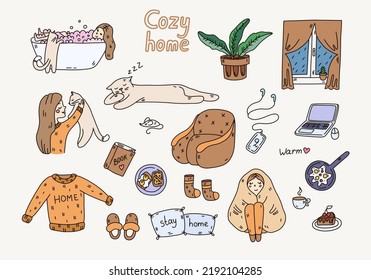 Vector Set of Colored Doodle Cartoon Illustrations of a Cozy Home. A Girl with a Cat, Rain outside the Window, Sweater, Bubble Bath, Laptop, Book, Pillows, Chair Isolated on a White Background.