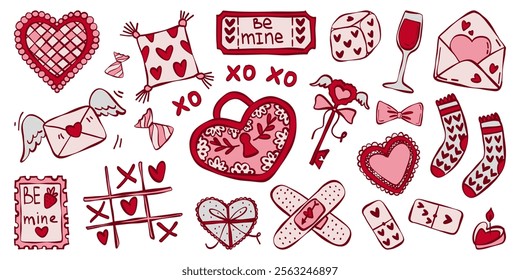 Vector set of colored doodle hand drawn elements for Valentine's day. Heart, key, letter, vine, candle illustration isolated on a white background.
