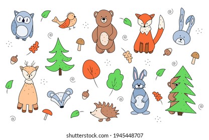 Vector set of colored drawings of forest animals, doodle style. Bear fox owl hare hedgehog badger trees.