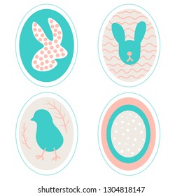 Vector set of colored Easter label designs with eggs, rabbit and chic on white background.