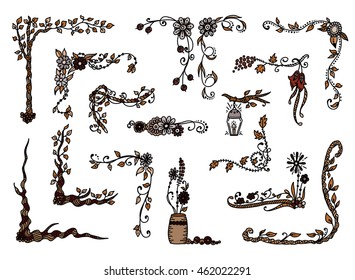 Vector set of colored elements for design. Square corner, border. Branch, leaves, trees, flowers, ivy, candle, light,  vine, daisy, lily, line, swirl, grass, herbal. Autumn hand drawing doodle style