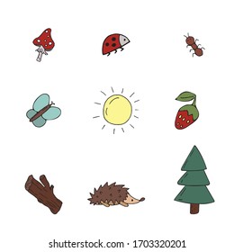 vector set of colored elements, forest, nature, plants and insects