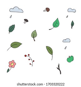 vector set of colored elements, leaves, fungi, clouds