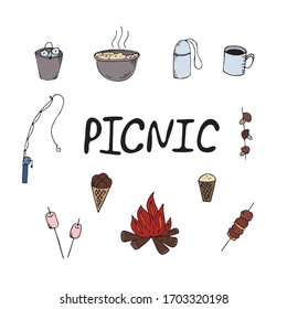vector set of colored elements, picnic, fishing on a fishing rod, barbecue