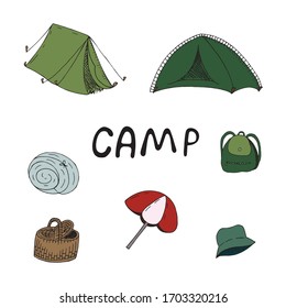 vector set of colored elements, picnic, camping, tent, camp