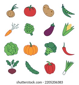 Vector set colored food icons vegetables, potato, beetroot, onion, artichoke, cabbage, pea, and more