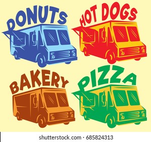 vector set of colored foodtrucks with different inscriptions.