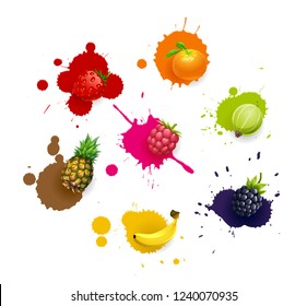 Vector set of colored fresh juicy fruits and blots