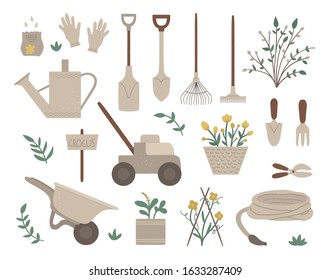 Vector set of colored garden tools, flowers, herbs, plants. Collection of gardening equipment. Flat spring illustration of spade, shovel, rakes isolated on white background. 