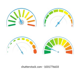 Vector set of colored gauges showing power levels from low to high.The measuring device icon- sign tachometer, speedometer, indicators. Vector illustration in flat style isolated on white background