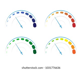 Vector set of colored gauges showing power levels from low to high.The measuring device icon- sign tachometer, speedometer, indicators. Vector illustration in flat style isolated on white background