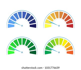 Vector set of colored gauges showing power levels from low to high.The measuring device icon- sign tachometer, speedometer, indicators. Vector illustration in flat style isolated on white background