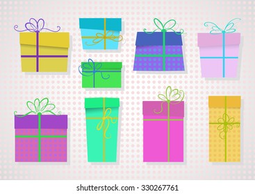 Vector set of colored gifts with ribbons and bows. 