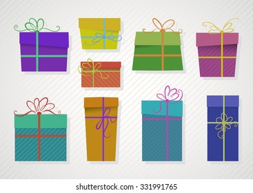 Vector set of colored gifts with ribbons and bows. 