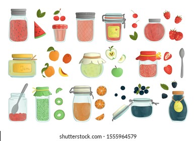 Vector set of colored glass jam jars watercolor style isolated on white background. Colorful collection of preserved food in pots with fruit and berries