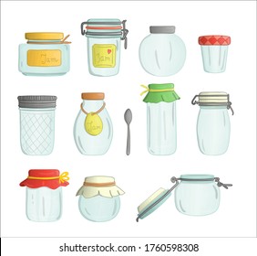 Vector set of colored glass jam jars watercolor style isolated on white background. Colorful collection of empty pots for preserved food