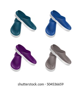 Vector Set Of Colored Gray Blue Green Purple Medical Footwear Clogs Isolated On White Background