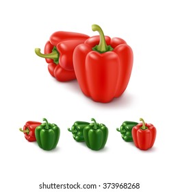 Vector Set of Colored Green and Red Sweet Bulgarian Bell Peppers, Isolated on White Background