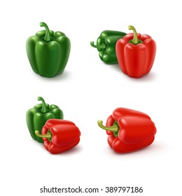 Vector Set of Colored Green and Red Sweet Bulgarian Bell Peppers, Paprika Isolated on White Background