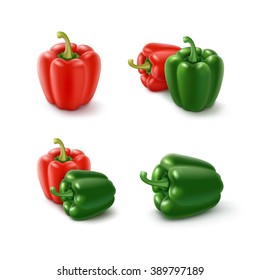 Vector Set of Colored Green and Red Sweet Bulgarian Bell Peppers, Paprika Isolated on White Background