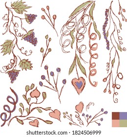 Vector set of colored grunge hand-drawn decor elements for design cards or patterns. Natural texture with twigs, curls, hearts, grapevine isolated on white background