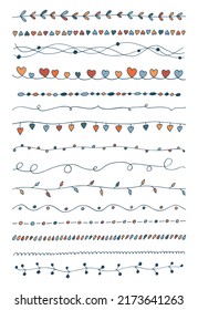 Vector set colored hand drawn vintage borders. Doodle lines collection for your design. Cute trendy decorative and botanical element. Curves decorated with leaves, circles, swirls, hearts