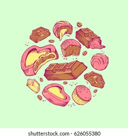 Vector set of colored hand-drawn sketch bitten chocolates. Sweet rolls, bars, glazed, cocoa beans located around.