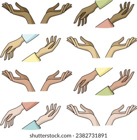 Vector set of colored hands. Different hand gestures set. Signs, expressions with pointing fingers, open and givining palms. Graphic hand-drawn illustration