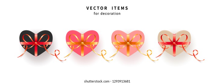 Vector set of colored heart shaped gift boxes with red ribbon. Collection realistic presents with golden gift bows for Valentine's day celebrate, birthday, Christmas, sale and shopping