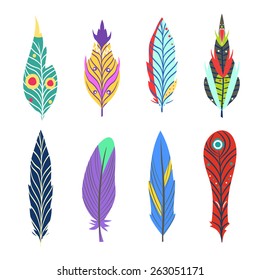 Vector set of colored hipster feathers with different shapes and colors