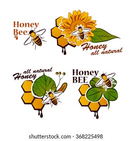 Vector set of colored honey labels, badges and design elements. linden, clover, sunflower for your design
