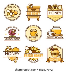 Vector set of colored honey labels, bee badges and design elements. Apiary logo template. Outline flat consept style