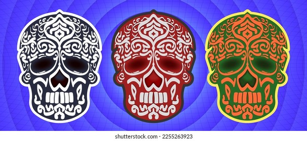 Vector set of colored human skulls with swirl patterns. Masks or icons. Sugar skull day of the dead design.