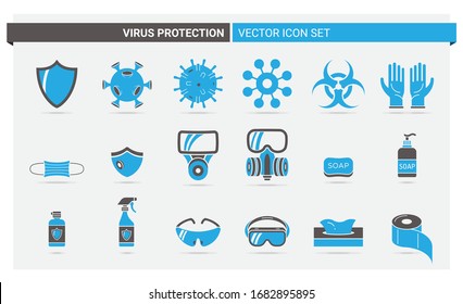 Vector set of colored icons about virus protection and its accessories