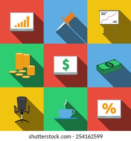 Vector set of colored icons in a flat style with long shadows