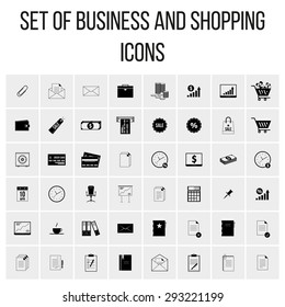 Vector set of colored icons in a flat style with long shadows. Business and Shopping