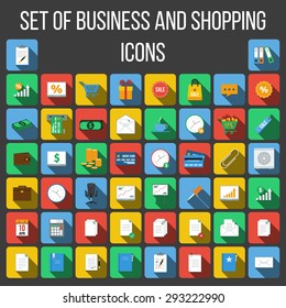 Vector set of colored icons in a flat style with long shadows. Business and Shopping