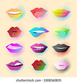 Iconos de color de conjunto de vectores: los dientes superiores de la mujer muerden sexualmente el labio rojo, la lengua sexy atrevida, sonrisa descarada Sencillo fondo claro. Pinturas de época labios rojos estilo retro arte pop ilustraciones dibujadas a mano