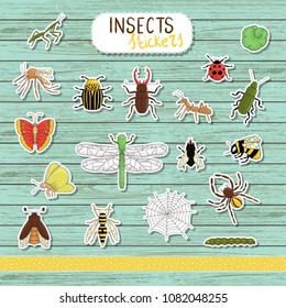 Vector set of colored insect stickers on blue wooden background. Collection of isolated on white background bright bee, bumble bee, may-bug, fly, moth, butterfly, caterpillar, spider, ladybug, beetle