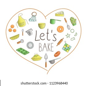 Vector set of colored kitchen and baking tools. Collection with isolated colorful apron, cutlery, pie, donut, measuring cup, whisk, dish, spoon, pot, saucepan, cookie cutter, rolling pin, mixing bowl