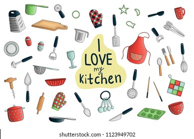 Vector set of colored kitchen tools. Bright pack of apron, cutlery, chopping board, saucepan, measuring cup, grater, whisk, dish, glass, fork, mug, chopsticks, pizza cutter, spoon. Cartoon style