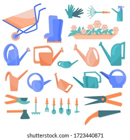Vector set of colored lake cans, rakes, shovels, scissors, pruners, flowers, rubber boots, carts, gloves. Collection of garden tools on a white background.Vector illustration in flat style