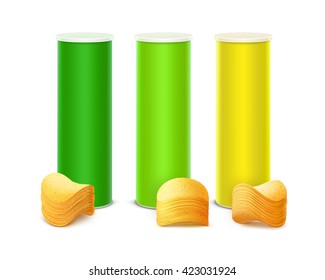 Vector Set of Colored Light Green Yellow Tin Box Container Tube for Package Design with Stack of Potato Crispy Chips Close up Isolated on White Background