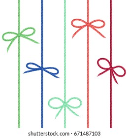 Vector set of colored linen string bows. Cute ribbons from hand drawn realistic flax cord colored in blue, red and green.