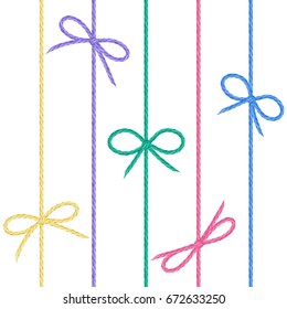 Vector set of colored linen string bows. Cute ribbons from hand drawn realistic flax cord colored in pink, purple, blue, green, yellow;