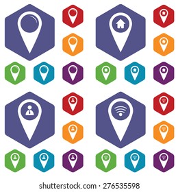 Vector set of colored map marker icons, isolated on white