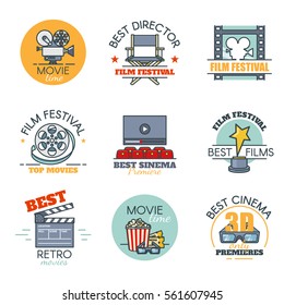 Vector set of colored movies labels, cinema badges and design elements. Films logo template. Outline flat consept style