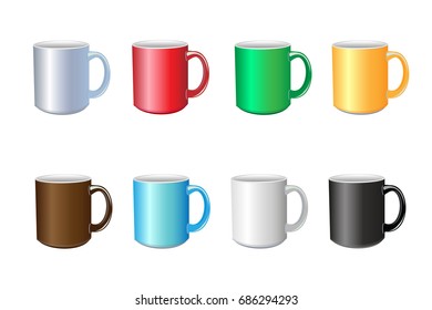 Vector set of colored mugs. Isolated cups on white background.