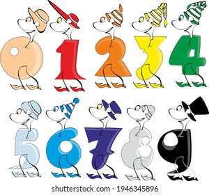 vector set of colored numbers with funny faces and beanies, numerology