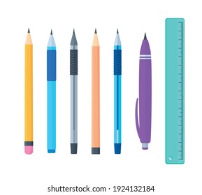 Vector set of colored office supplies. Pens, pencils, rulers in flat style. Isolated on white background. Measuring tool.
Stationery items